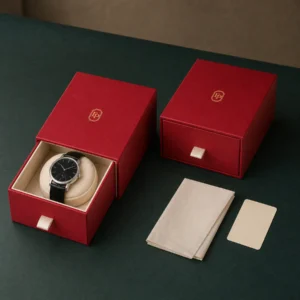 custom-red-art-paper-drawer-watch-box-image-06-packaging-system-scene Custom Luxury Red Art Paper Drawer Watch Box
