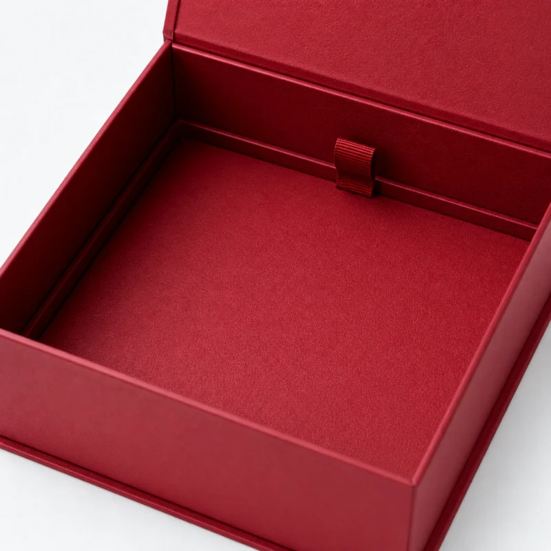 Close-up of wrapped inner walls and pull tab in a red rigid gift box Close-up of wrapped inner walls and pull tab in a red rigid gift box