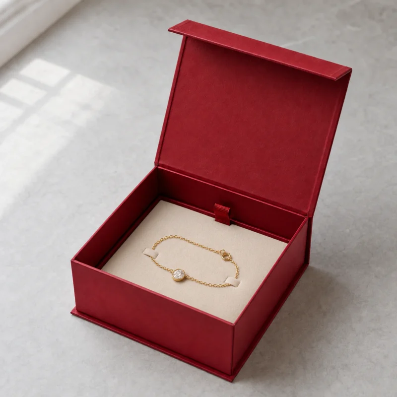 Open red magnetic gift box with a gold pendant secured on a fitted cream jewelry insert Open red magnetic gift box with a gold pendant secured on a fitted cream jewelry insert