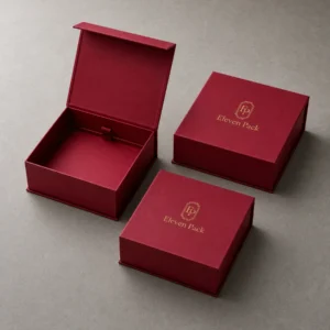 Red rigid gift box packaging family with open and closed boxes Red rigid gift box packaging family with open and closed boxes