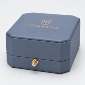 Silver Blue Pu Leather Earring Box Gold Clasp Edge Detail
