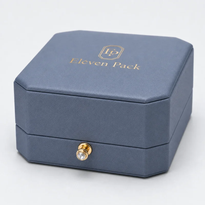 Silver Blue Pu Leather Earring Box Gold Clasp Edge Detail