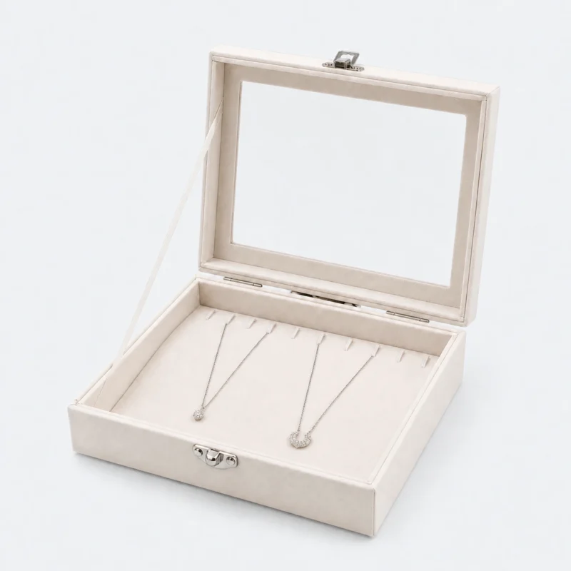 Custom White Fabric Hinged Jewelry Organizer Box with Window