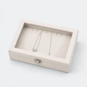 Custom White Fabric Hinged Jewelry Organizer Box with Window