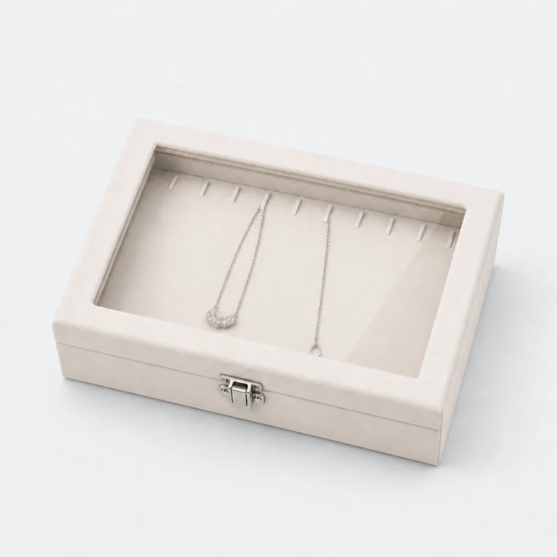 Custom White Fabric Hinged Jewelry Organizer Box with Window