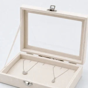 Custom White Fabric Hinged Jewelry Organizer Box with Window