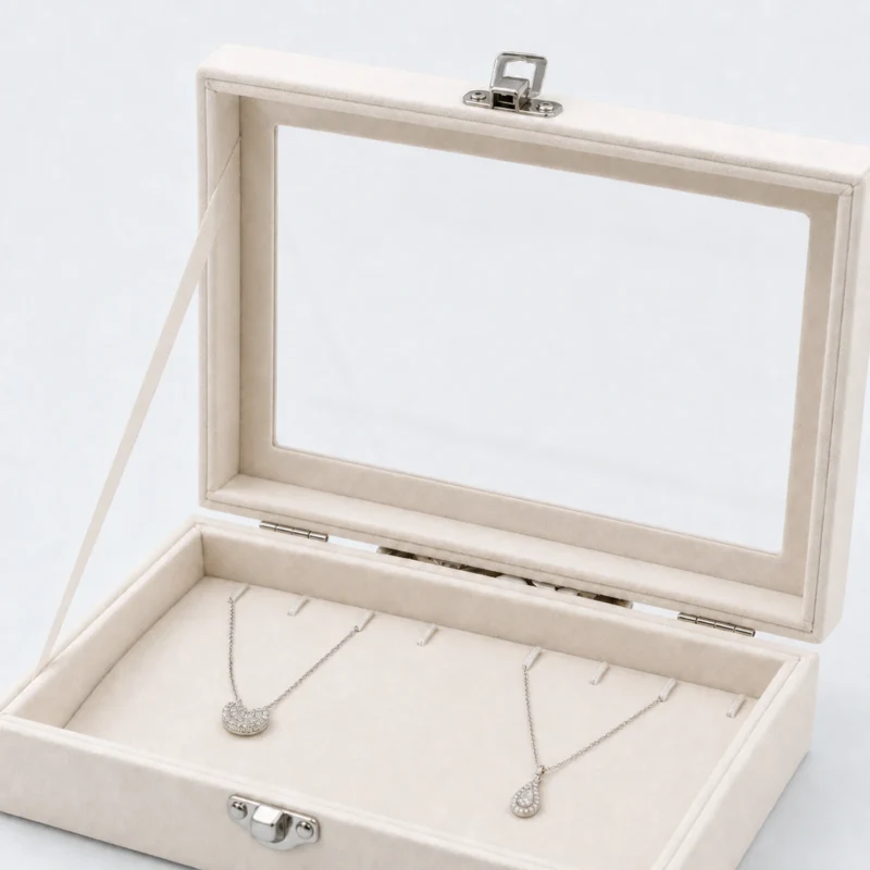 Custom White Fabric Hinged Jewelry Organizer Box with Window