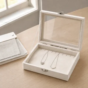 Custom White Fabric Hinged Jewelry Organizer Box with Window