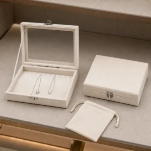 Custom White Fabric Hinged Jewelry Organizer Box with Window