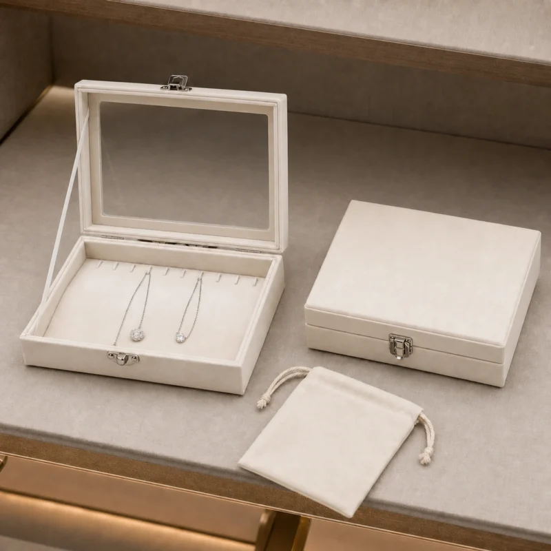 Custom White Fabric Hinged Jewelry Organizer Box with Window