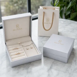 White Silver Flip Top Jewelry Box Packaging System Scene