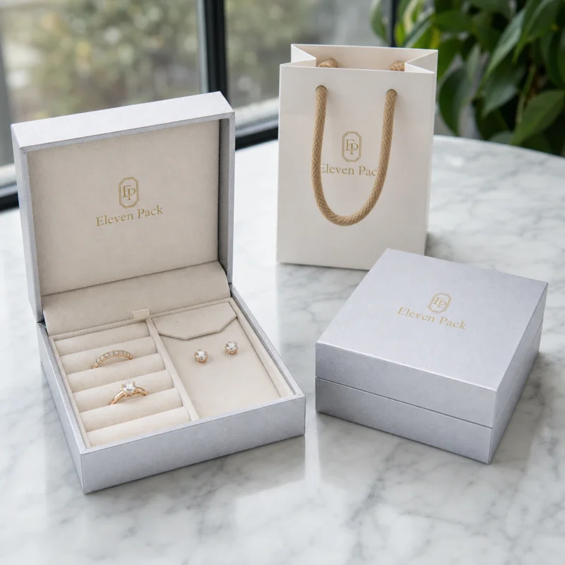 White Silver Flip Top Jewelry Box Packaging System Scene