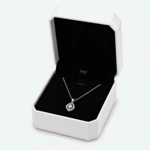 Custom White Art Paper Flip Top Necklace Box - open product presentation with jewelry