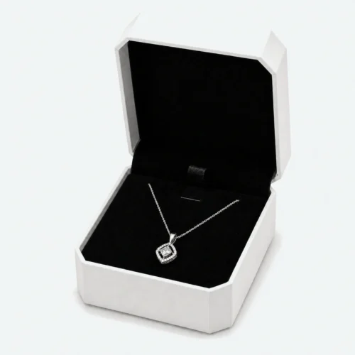 Custom White Art Paper Flip Top Necklace Box - open product presentation with jewelry Custom White Art Paper Flip Top Necklace Box - open product presentation with jewelry