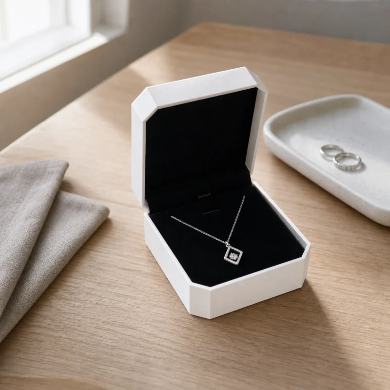 Custom White Art Paper Flip Top Necklace Box - in-use jewelry presentation scene