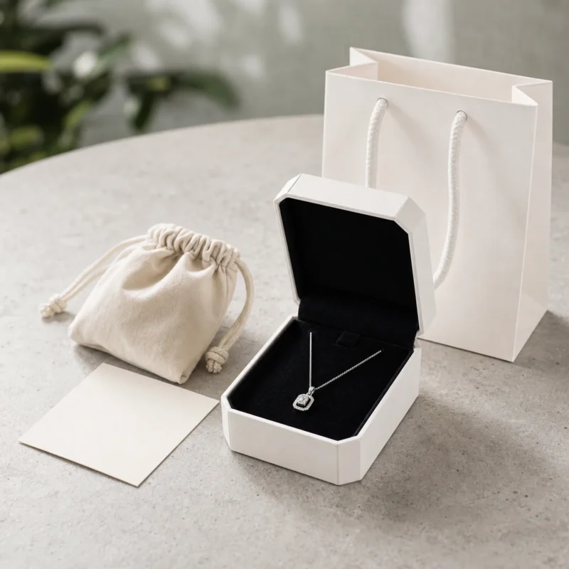 Custom White Art Paper Flip Top Necklace Box - coordinated packaging system scene
