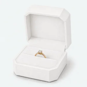 Custom White Art Paper Flip Top Ring Box - open product presentation with jewelry