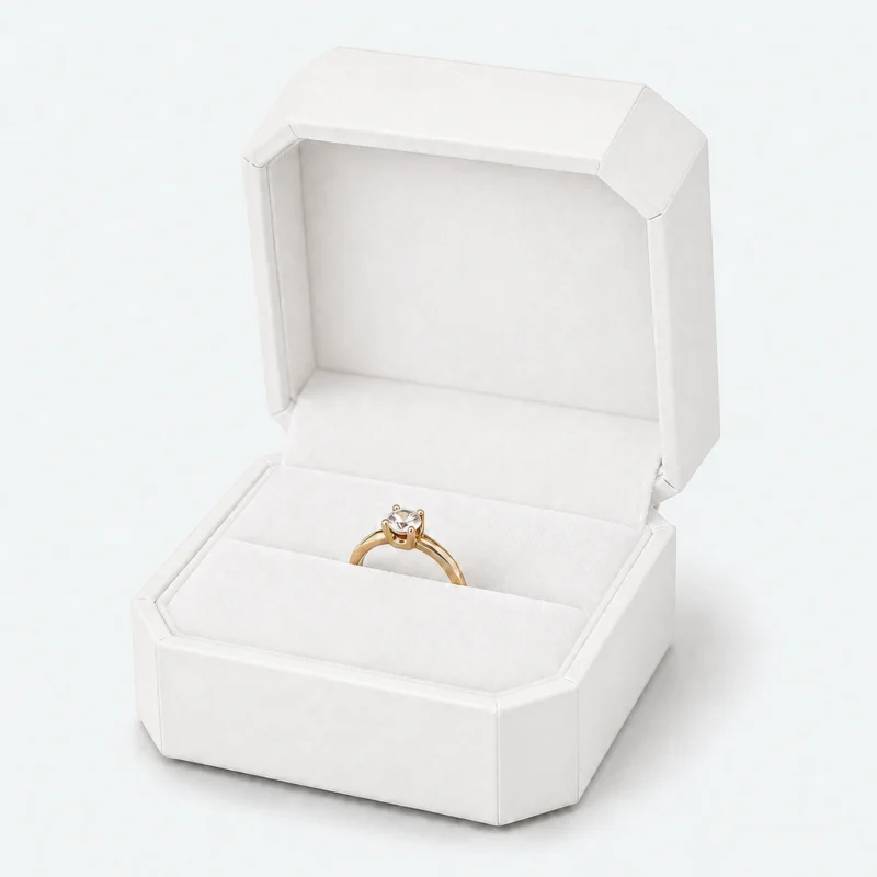Custom White Art Paper Flip Top Ring Box - open product presentation with jewelry