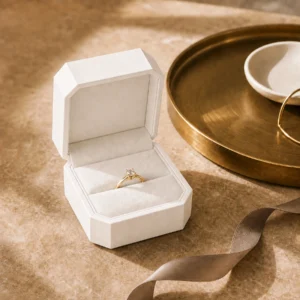 Custom White Art Paper Flip Top Ring Box - in-use jewelry presentation scene