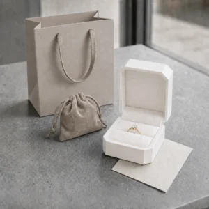 Custom White Art Paper Flip Top Ring Box - coordinated packaging system scene