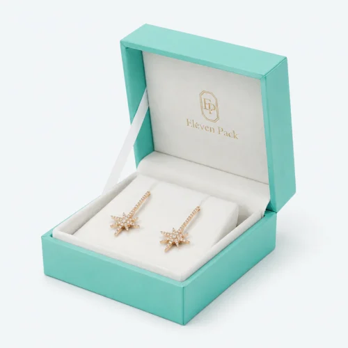 Custom Luxury Tiffany Blue Hinged Cardboard Jewelry Box - open product presentation with jewelry Custom Luxury Tiffany Blue Hinged Cardboard Jewelry Box - open product presentation with jewelry