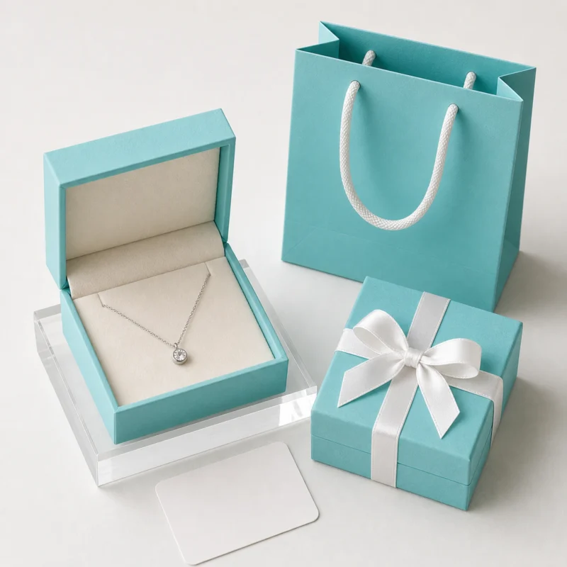 Custom Luxury Tiffany Blue Hinged Cardboard Jewelry Box - coordinated packaging system scene