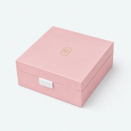Custom Luxury Pink Hinged Cardboard Jewelry Box with Ribbon Bow - closed product view