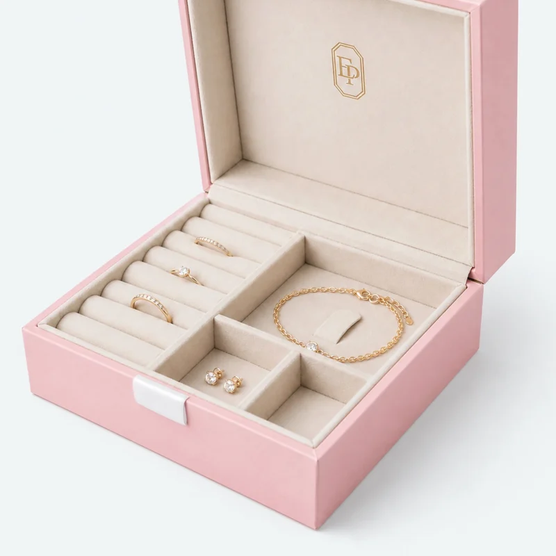 Custom Luxury Pink Hinged Cardboard Jewelry Box with Ribbon Bow - compartment detail