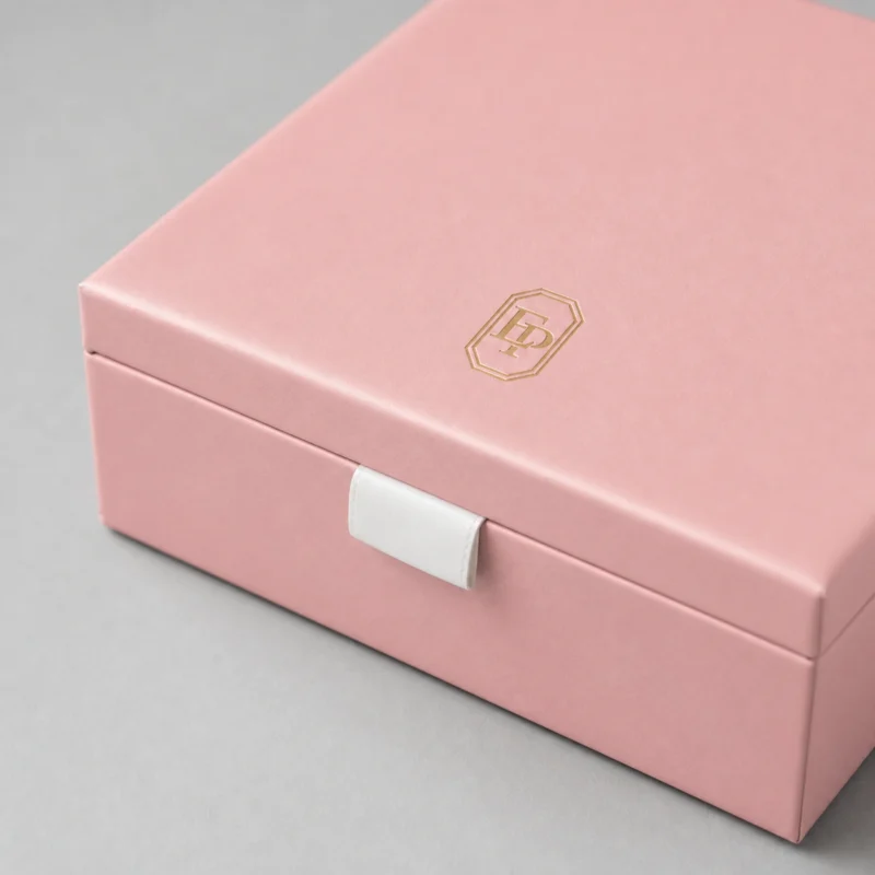 Custom Luxury Pink Hinged Cardboard Jewelry Box with Ribbon Bow - pull tab detail
