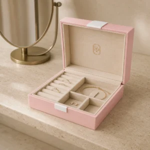 Custom Luxury Pink Hinged Cardboard Jewelry Box with Ribbon Bow - in-use jewelry presentation scene