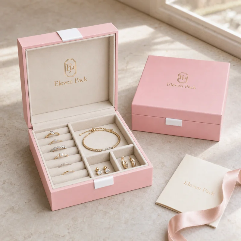 Custom Luxury Pink Hinged Cardboard Jewelry Box with Ribbon Bow - coordinated packaging system scene