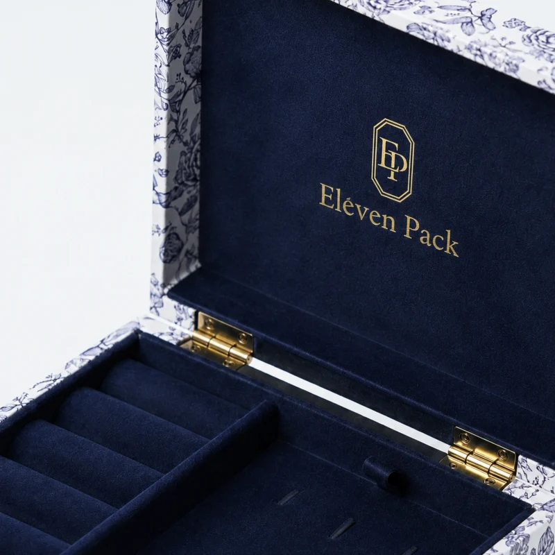 Custom Hand Painted Flip Top Cardboard Jewelry Box - gold hinge logo detail