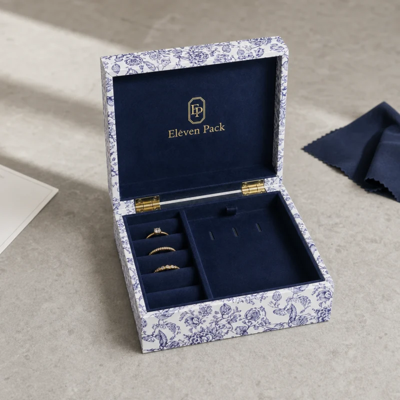 Custom Hand Painted Flip Top Cardboard Jewelry Box - in-use jewelry presentation scene