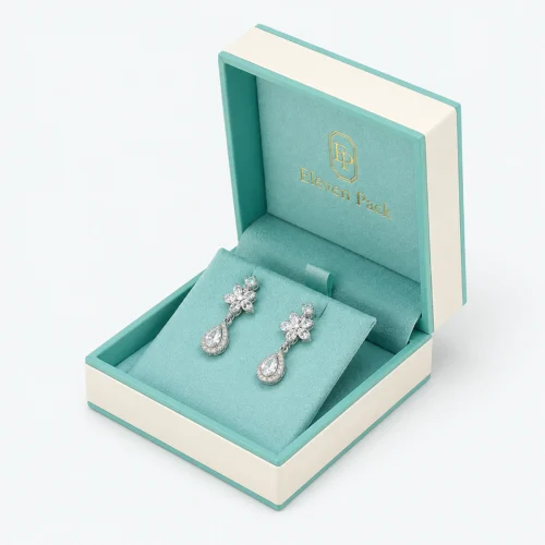 Custom Turquoise Suede-Texture Flip Top Earring Box - open product presentation with jewelry