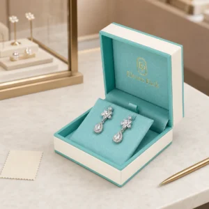 Custom Turquoise Suede-Texture Flip Top Earring Box - in-use jewelry presentation scene Custom Turquoise Suede-Texture Flip Top Earring Box - in-use jewelry presentation scene