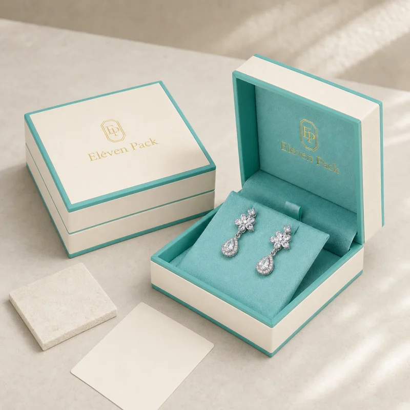 Custom Turquoise Suede-Texture Flip Top Earring Box - coordinated packaging system scene Custom Turquoise Suede-Texture Flip Top Earring Box - coordinated packaging system scene