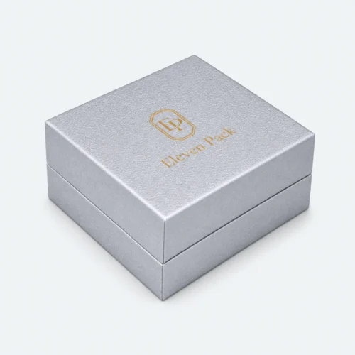 Custom Luxury Silver Textured Paper Flip Top Jewelry Box - closed product view
