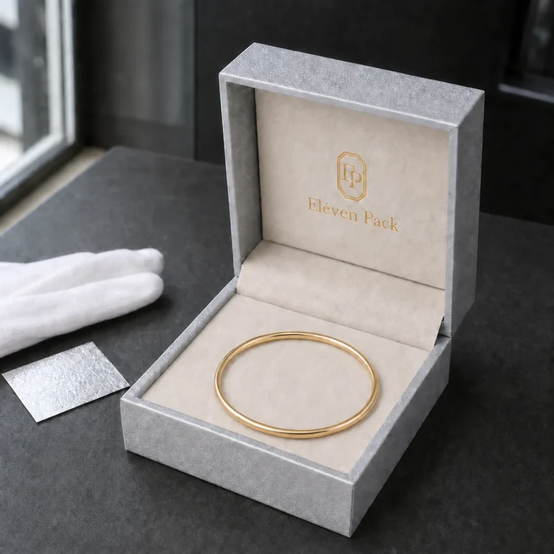 Custom Luxury Silver Textured Paper Flip Top Jewelry Box - in-use jewelry presentation scene