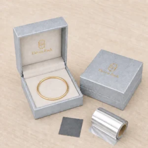 Custom Luxury Silver Textured Paper Flip Top Jewelry Box - coordinated packaging system scene