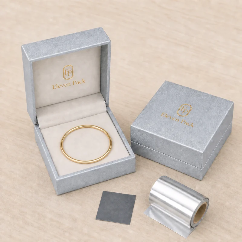 Custom Luxury Silver Textured Paper Flip Top Jewelry Box - coordinated packaging system scene