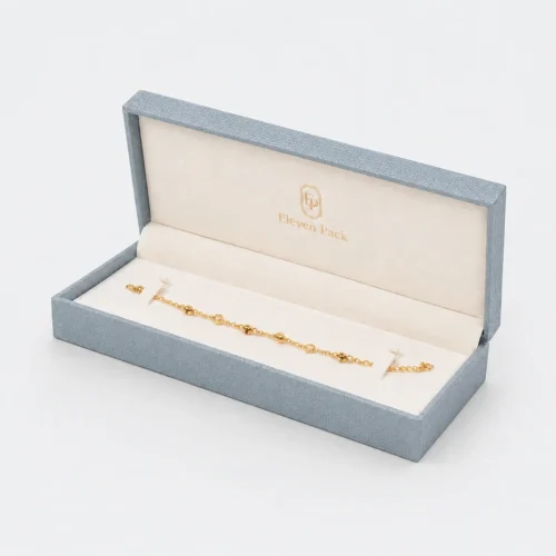Custom Multicolor Paper Hinged Bracelet Box - open product presentation with jewelry