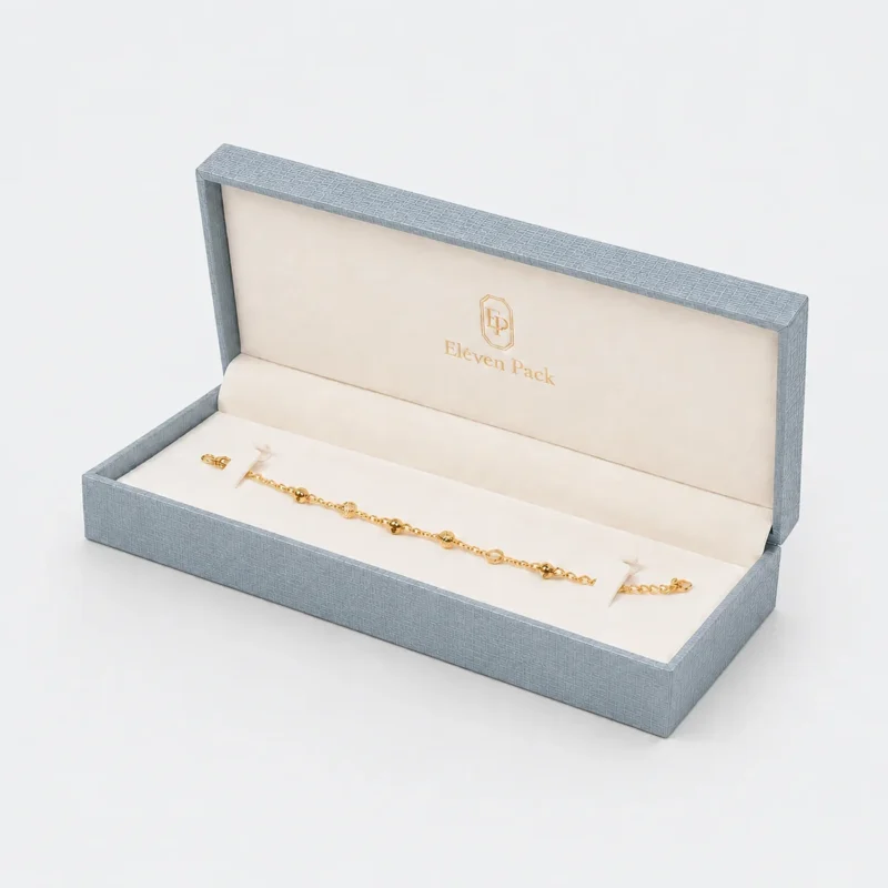 Custom Multicolor Paper Hinged Bracelet Box - open product presentation with jewelry Custom Multicolor Paper Hinged Bracelet Box - open product presentation with jewelry