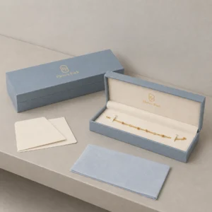 Custom Multicolor Paper Hinged Bracelet Box - coordinated packaging system scene Custom Multicolor Paper Hinged Bracelet Box - coordinated packaging system scene