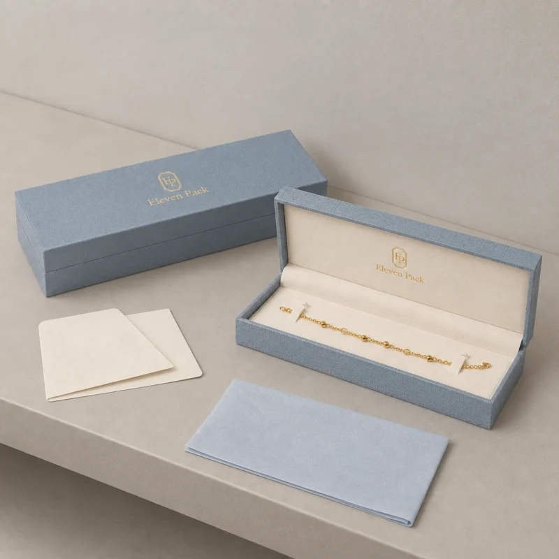 Custom Multicolor Paper Hinged Bracelet Box - coordinated packaging system scene Custom Multicolor Paper Hinged Bracelet Box - coordinated packaging system scene