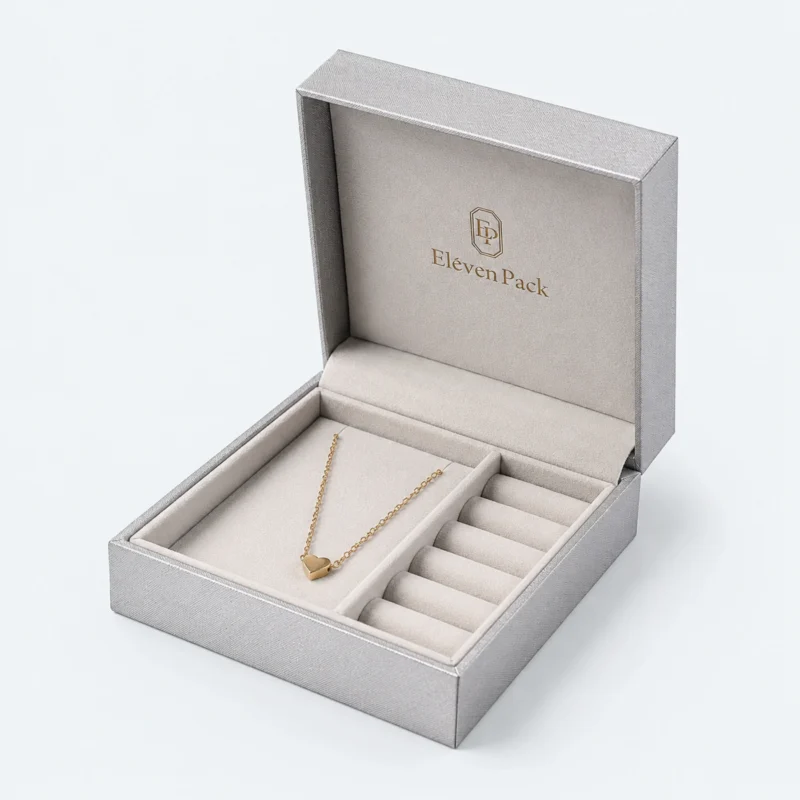 Custom Silver and Gold Art Paper Hinged Jewelry Box - open product presentation with jewelry