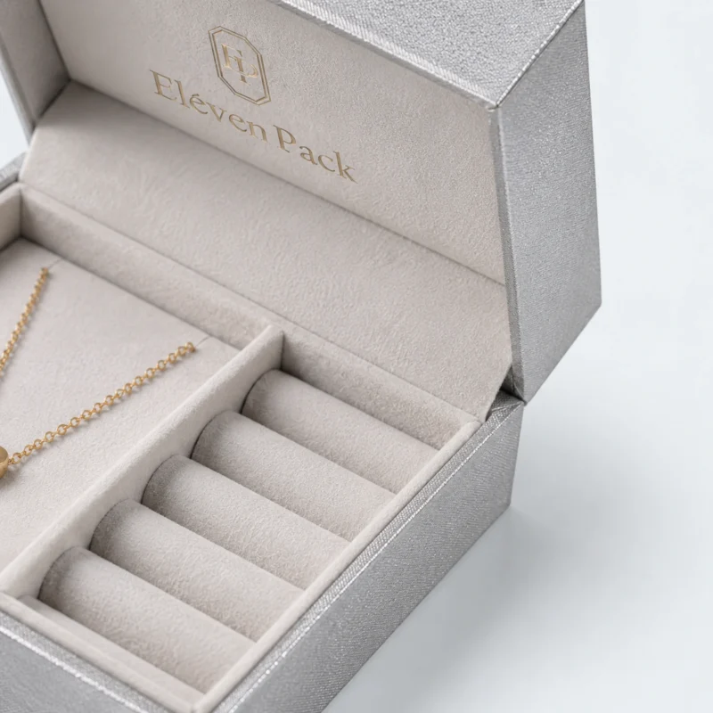 Custom Silver and Gold Art Paper Hinged Jewelry Box - jewelry set insert detail