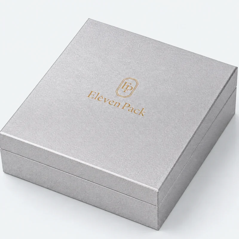 Custom Silver and Gold Art Paper Hinged Jewelry Box - art paper logo detail