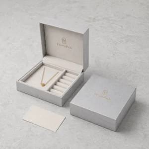 Custom Silver and Gold Art Paper Hinged Jewelry Box - coordinated packaging system scene