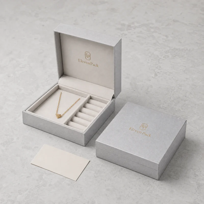 Custom Silver and Gold Art Paper Hinged Jewelry Box - coordinated packaging system scene