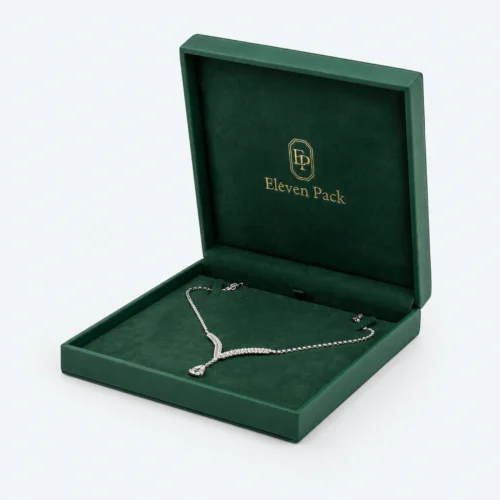 Custom Green Textured Paper Hinged Necklace Box - open product presentation with jewelry